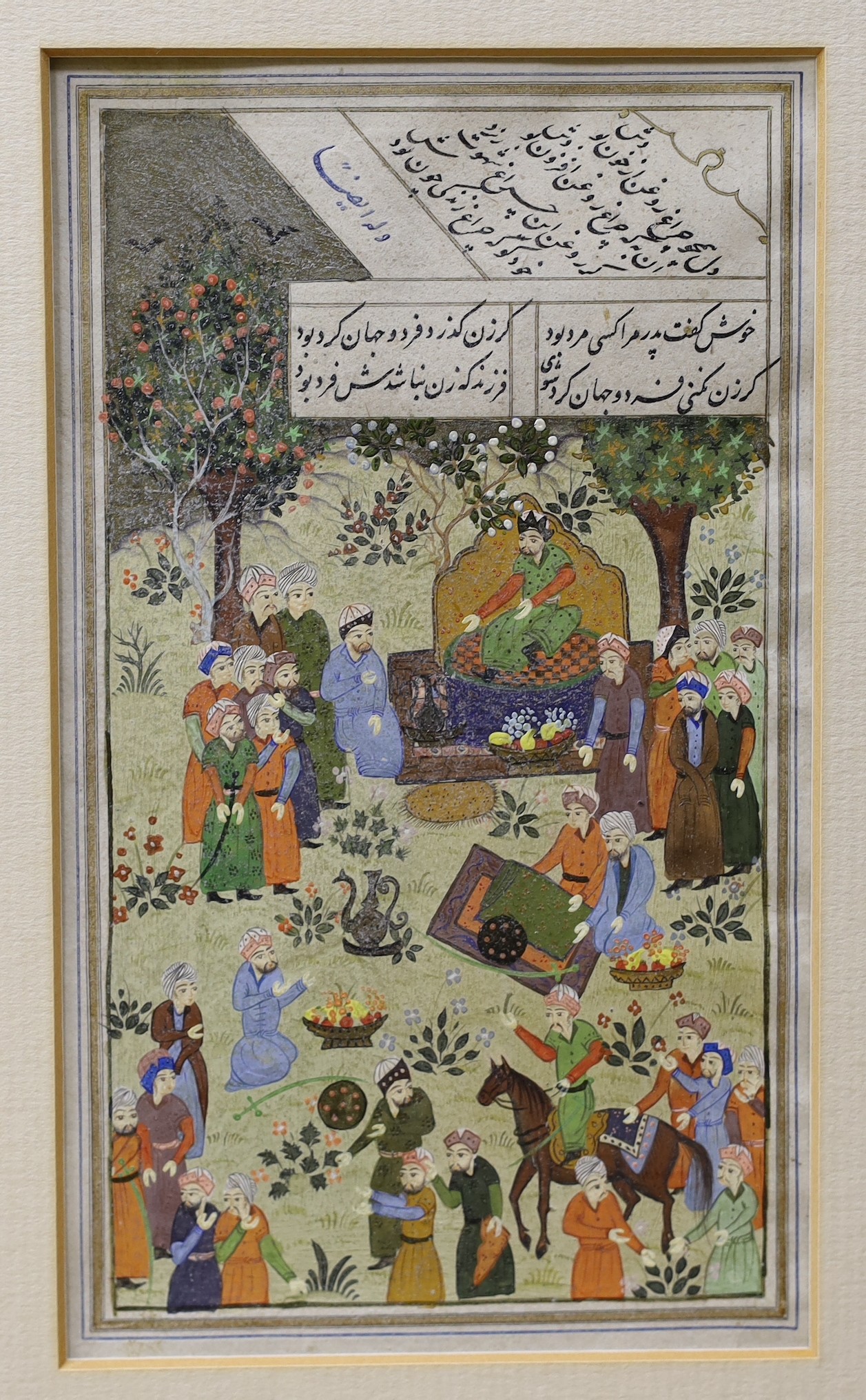 Indian School, gouache on paper, Figures in a garden, overall 20 x 12cm, a similar unframed print and a mica picture of a Prince on horseback, 26 x 29cm (3)